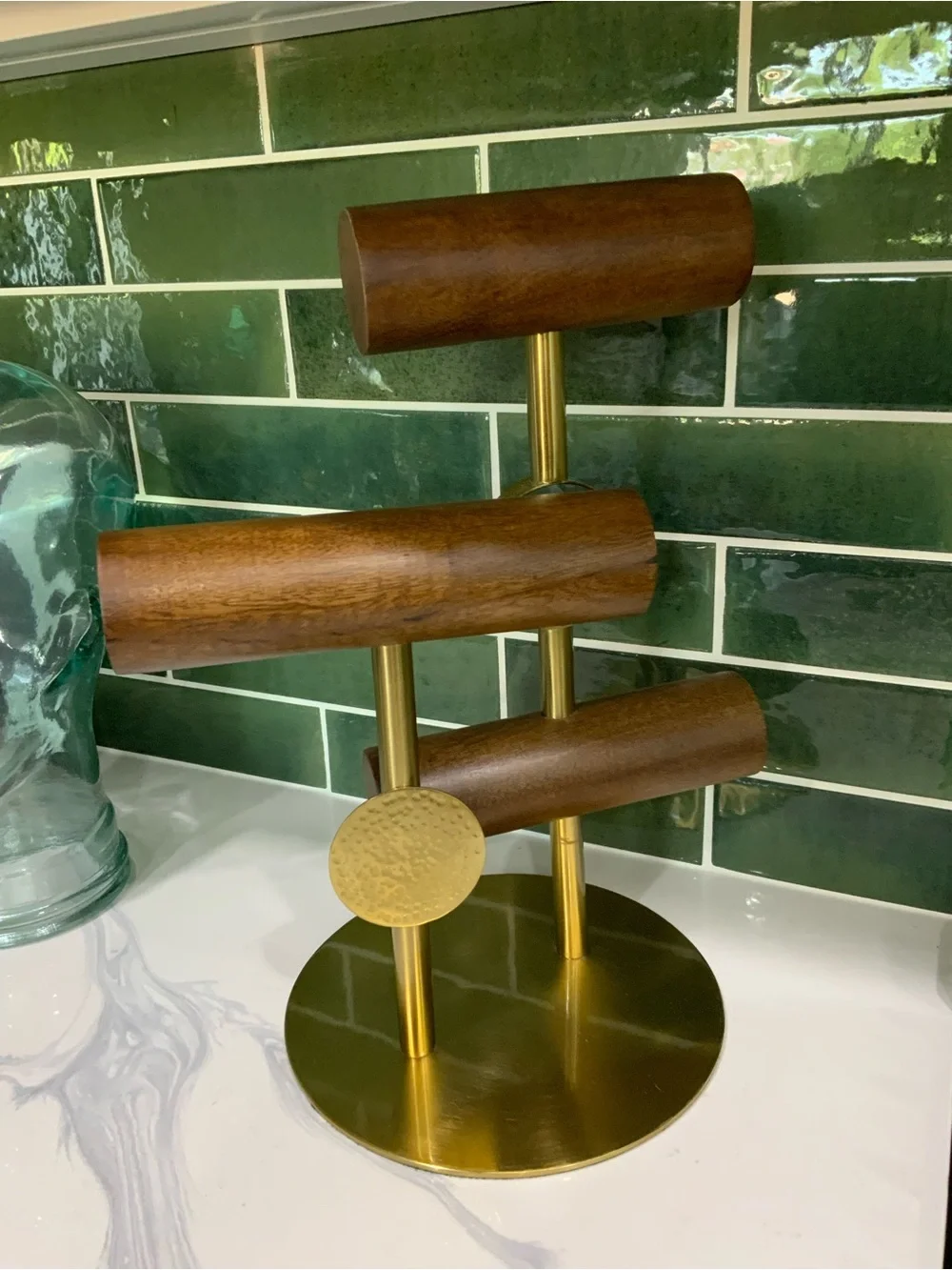 Anthropologie Wood and Brass Tiered Jewelry T-Bar - Brown and Gold